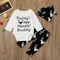 Newborn Infant Baby Boy Clothes Daddy's New Huntin' Buddy Print Romper Tops +Deer Long Pants Hat Outfits Set