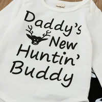 Newborn Infant Baby Boy Clothes Daddy's New Huntin' Buddy Print Romper Tops +Deer Long Pants Hat Outfits Set