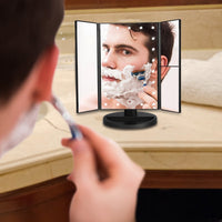 Vanity Makeup Mirror Trifold 21 LED Lighted with Touch Screen 1x/2x/3x Magnification and USB Charging 180°Adjustable Stand for Countertop Cosmetic Makeup